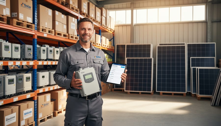 Solar technician holding replacement solar system components