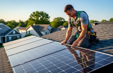 "Solar technician on a residential roof fitting a new high-efficiency panel next to older weathered panels at golden hour, with suburban houses and trees in the background."