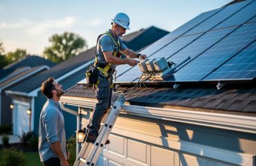 Low-angle view of a licensed solar installer in a safety harness examining rooftop solar panels at golden hour, with a homeowner standing at the ladder base and a softly blurred suburban neighborhood in the background.