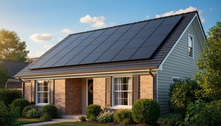 Contemporary home featuring integrated solar roof tiles that blend with conventional roofing materials