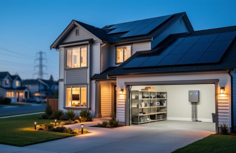 Modern house at blue hour with rooftop solar panels, warm interior lighting, and a wall-mounted home battery visible in the open garage, with faint power lines in the background.