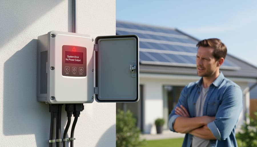 Residential solar panel installation with inverter showing maintenance indicator