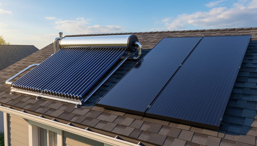 Side-by-side comparison of solar thermal water heating collectors and photovoltaic panels on residential roof