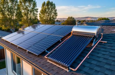 Aerial oblique view of a house roof with dark-blue photovoltaic panels next to a flat-plate solar thermal collector and compact rooftop hot-water tank, lit by warm evening light, with neighboring homes and trees softly blurred in the background.