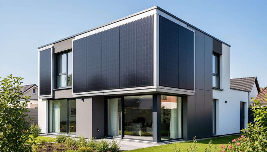 Exterior view of residential solar wall panels integrated into home siding