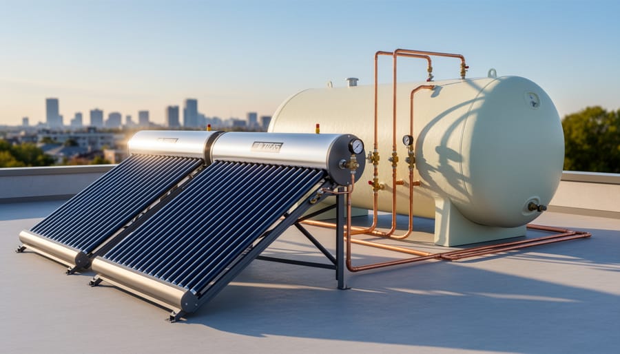 Solar thermal water heating tank with collector pipes in residential utility room