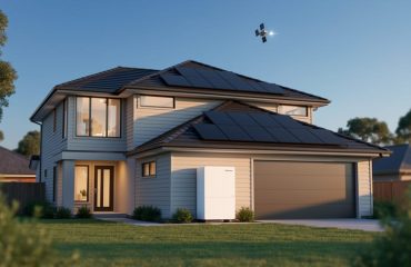 Low-angle view of a modern suburban house with an all-black rooftop solar array and an unbranded wall-mounted home battery in warm golden hour light, trees and neighboring roofs softly blurred, with a faint solar satellite glint visible high in the sky.