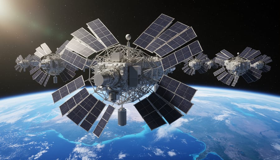Solar-powered satellite orbiting Earth with extended solar panel arrays visible against space