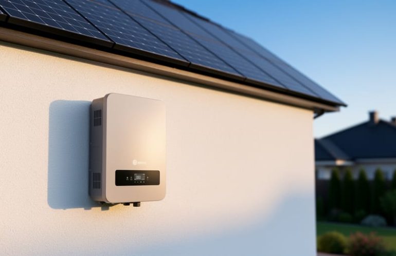 Modern T‑type solar inverter on a suburban home’s exterior wall, photographed at a slight low angle during golden hour with rooftop solar panels softly blurred in the background.