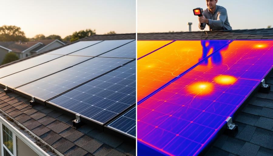 Thermal imaging view of solar panel showing heat signature revealing hidden defects and hot spots