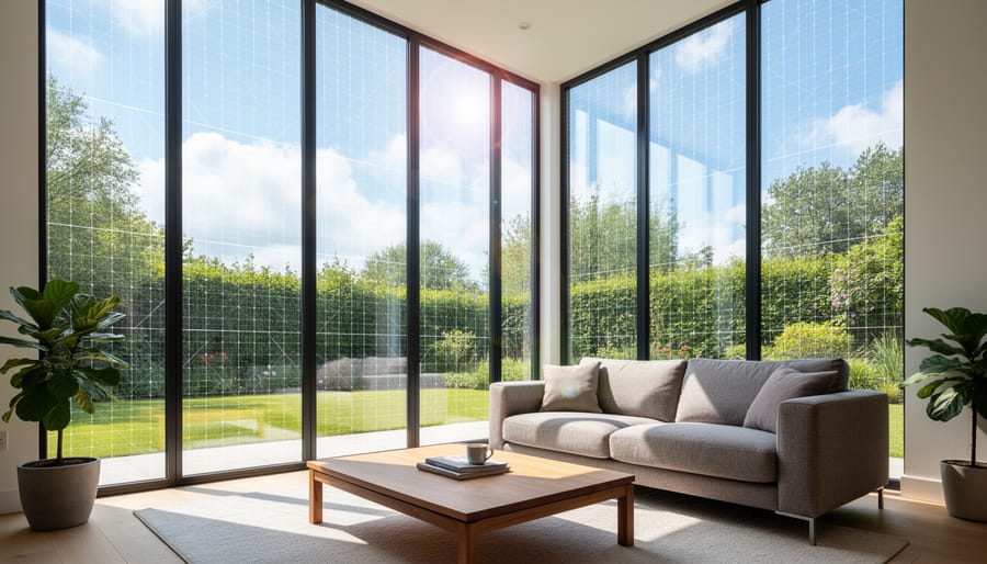 Close-up of semi-transparent solar window glass with sunlight streaming through photovoltaic surface