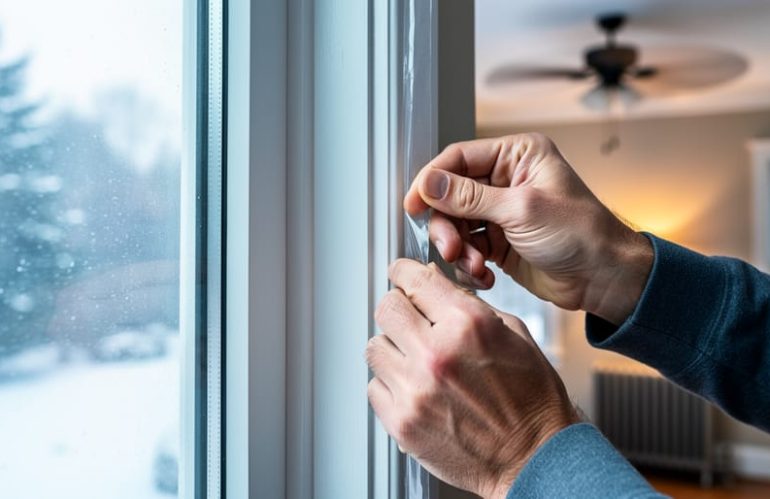 Close-up of hands applying clear weatherstripping to a white window frame with snow outside, with a softly blurred living room, ceiling fan, and radiator in the background.