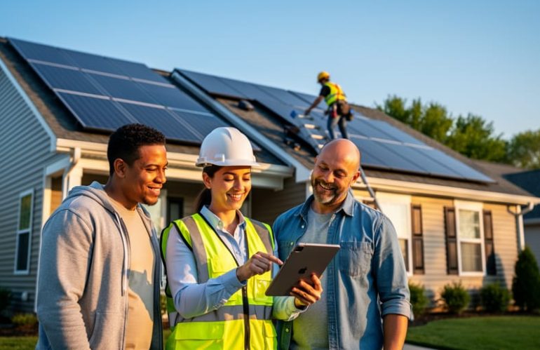 Female solar project lead in safety gear shows a tablet to a homeowner couple beside a house with rooftop solar panels, while another installer works on the roof at golden hour.