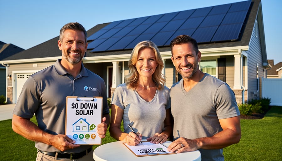 Suburban home with solar panels installed on roof under clear blue sky