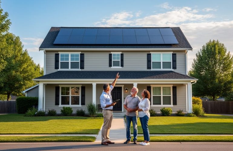 Solar consultant pointing toward rooftop solar panels while speaking with two homeowners in the front yard of a modern suburban house at golden hour, with a tree-lined street and soft blue sky in the background.