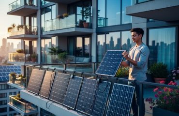 Renter securing compact solar panels to an apartment balcony railing at golden hour, with nearby balconies, rooftop solar in the distance, and a city skyline in the background.