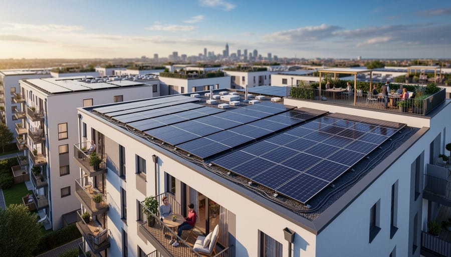 Solar panels installed on apartment building rooftop with city buildings in background