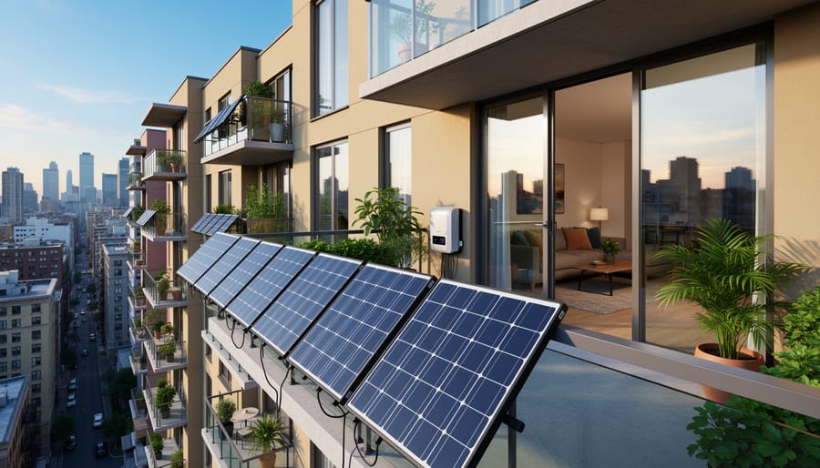 Small solar panel mounted on apartment balcony railing with plants and glass door visible