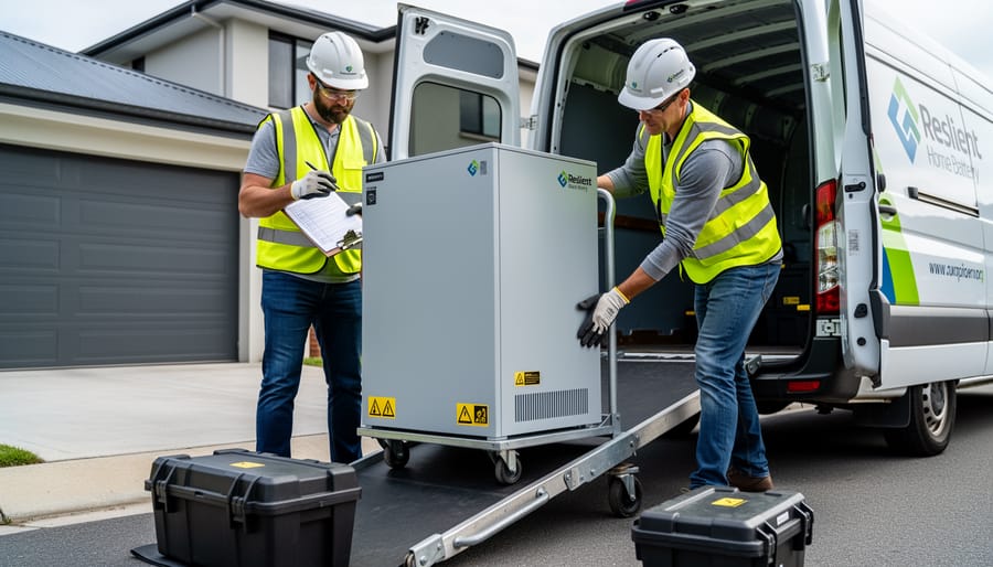 Technician in protective gear safely handling residential battery for recycling