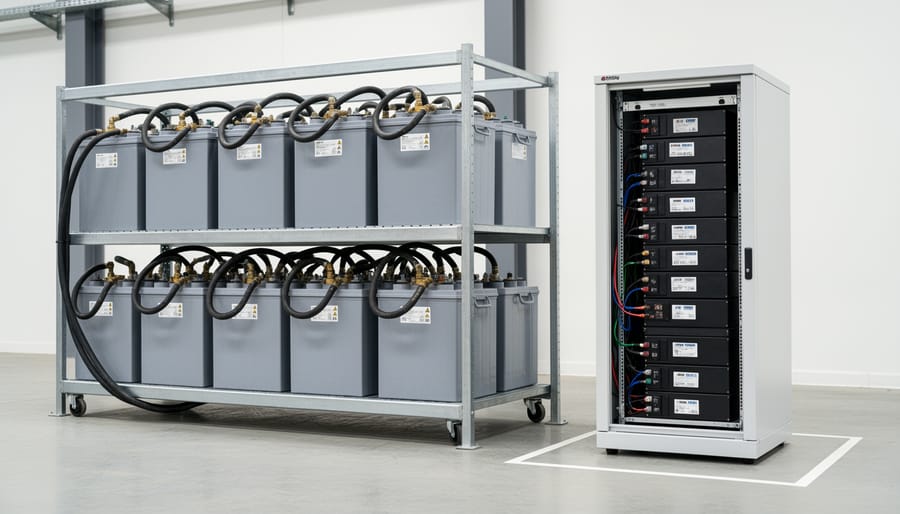 Size comparison of bulky lead-acid battery next to compact lithium battery in residential setting