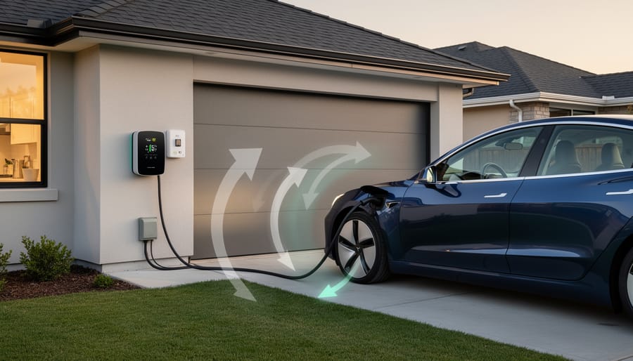 Electric vehicle connected to bidirectional charger in residential garage