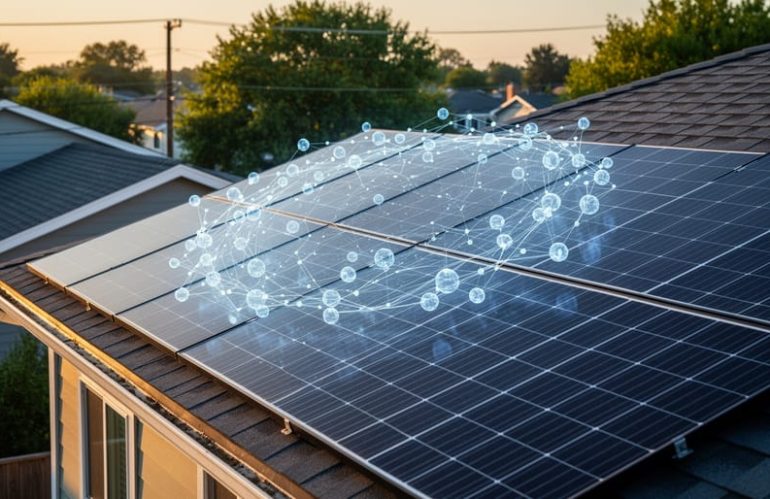 Rooftop solar panels on a suburban home at sunset with a faint glowing network above them symbolizing blockchain security, with neighboring roofs and power lines softly blurred in the background.