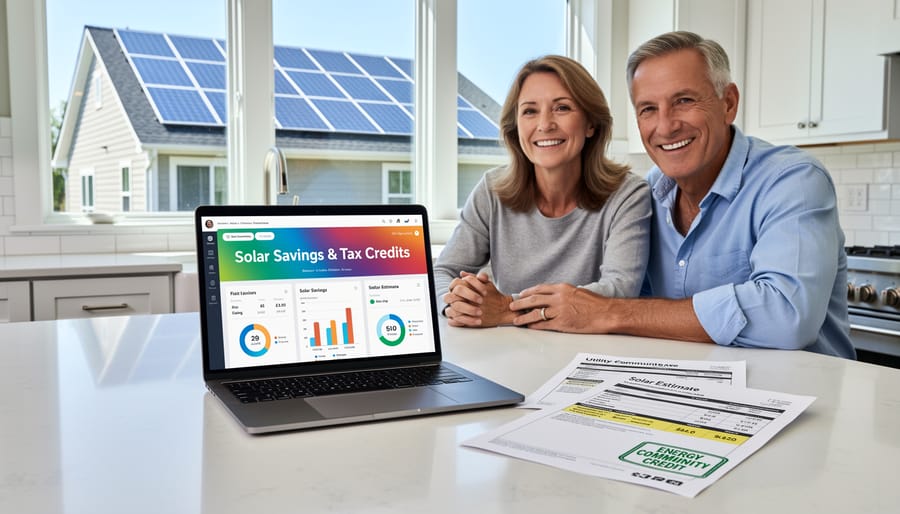 Couple reviewing solar installation costs and tax credits on laptop at home