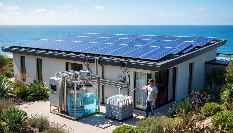 Solar panels on coastal home roof with ocean in background