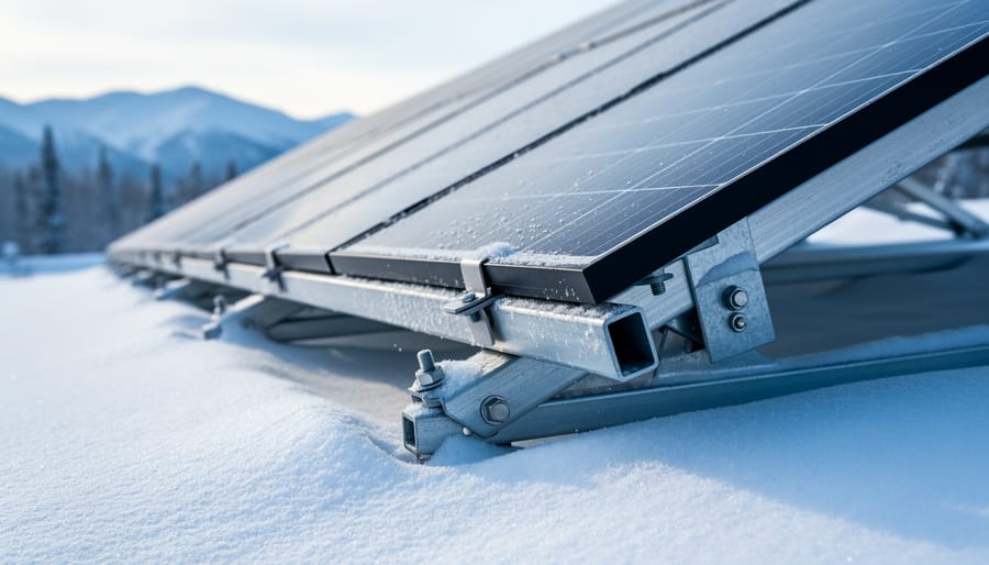 Close-up of solar panel mounting hardware designed for cold climates with snow shedding