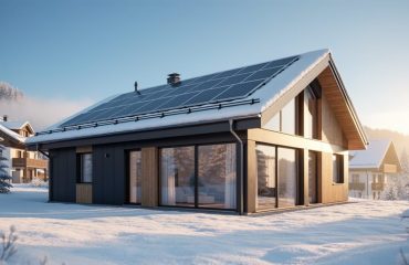 Snow-dusted solar panels on a pitched roof with snow guards, glowing in low winter sunlight, viewed from a low ground-level angle with snowy pines and nearby roofs softly blurred in the background.