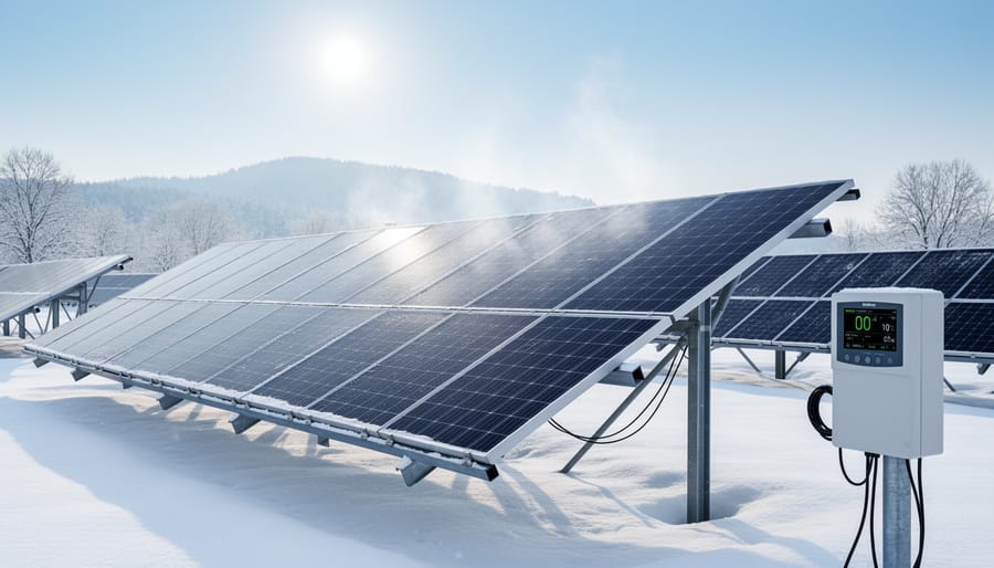 Solar panels installed on snow-covered roof in bright winter sunlight