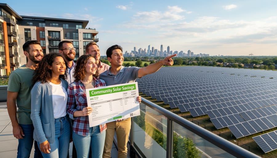Diverse group of community members standing in front of shared community solar installation