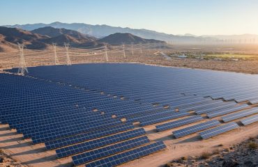 Wide photo of a large desert solar farm at golden hour with transmission towers leading over a ridgeline toward distant wind turbines and a small valley settlement, suggesting cross-border flow of renewable power.