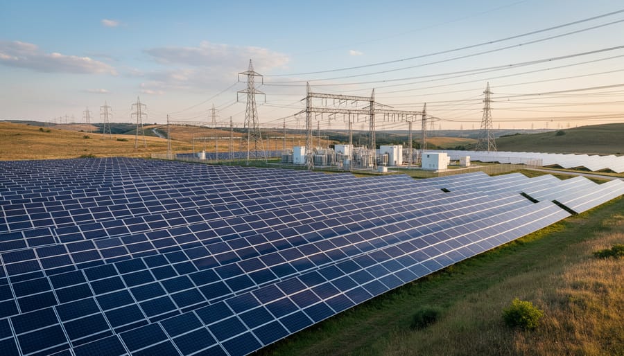 Large-scale solar panel installation with transmission towers extending across desert landscape