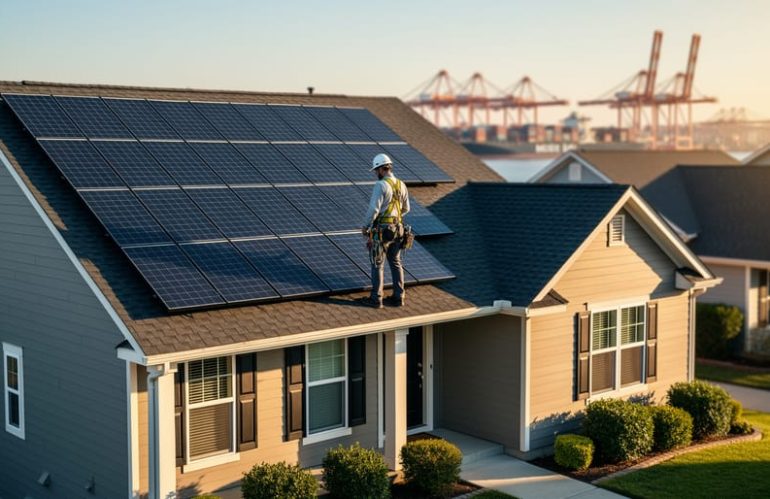 Suburban home with rooftop solar panels at golden hour as an installer in safety gear examines the array, with a softly blurred cargo ship and port cranes in the distance.