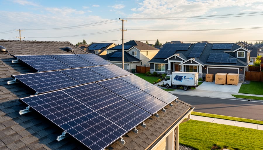Residential solar panel installation with international shipping infrastructure in background