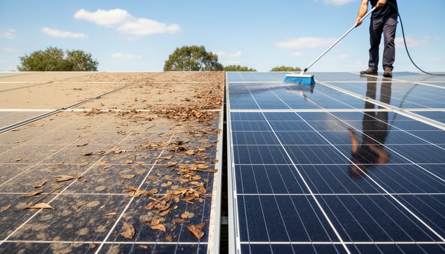 Solar panels with visible dust and debris accumulation on surface
