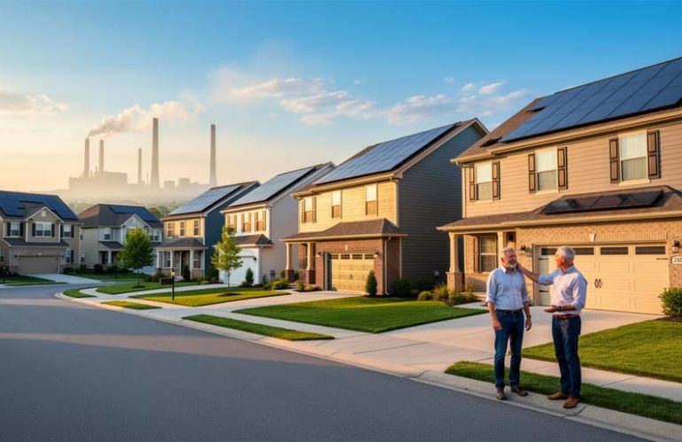 Suburban neighborhood with multiple rooftop solar installations as two neighbors talk by a driveway at golden hour, with more solar homes and faint decommissioned smokestacks in the distant background.
