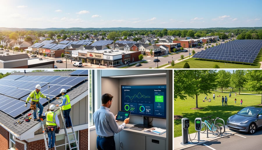 Residential neighborhood with solar panels on multiple homes during golden hour sunset