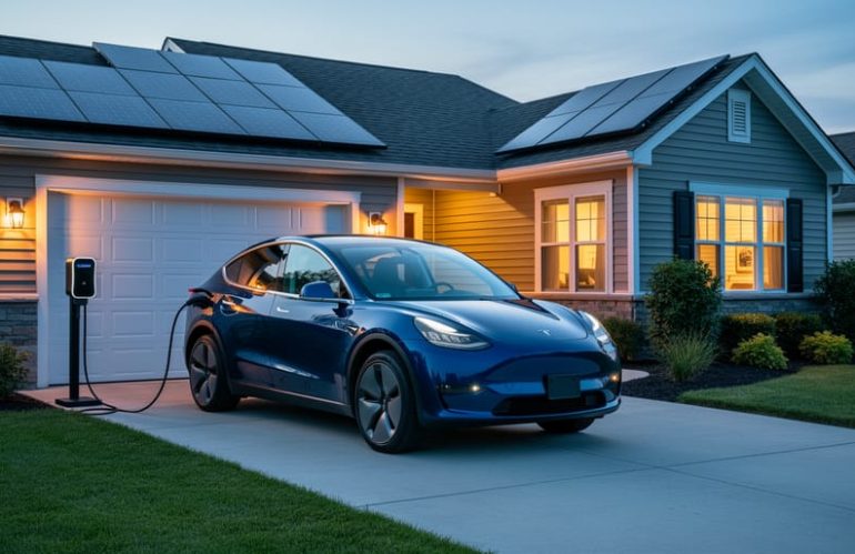 Electric crossover plugged into a wall-mounted bidirectional home charger in a suburban driveway at dusk, with house lights on and rooftop solar panels visible.