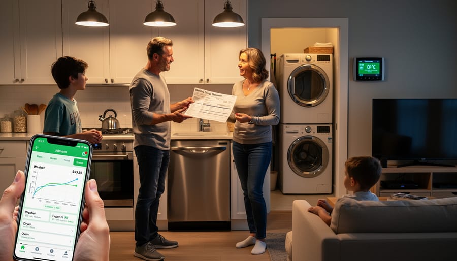 Family in modern kitchen with multiple appliances during peak energy usage time