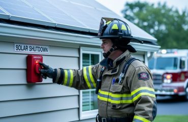 Firefighter in protective gear reaches for a red emergency shutdown switch on the exterior of a house with rooftop solar panels, with a blurred fire engine in the background.