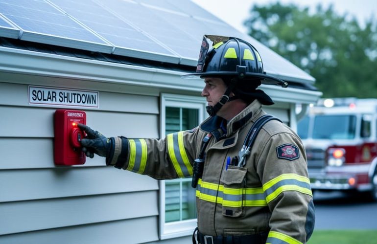 Firefighter in protective gear reaches for a red emergency shutdown switch on the exterior of a house with rooftop solar panels, with a blurred fire engine in the background.