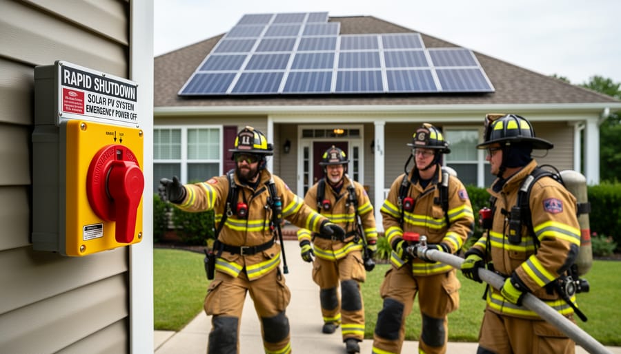Firefighter in protective gear standing near residential home with rooftop solar panels