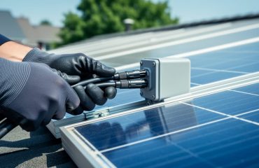 Close-up of a gloved technician connecting a thick black PV DC cable with MC4 connector to a rooftop junction box beside blue solar panels, with the background softly blurred.