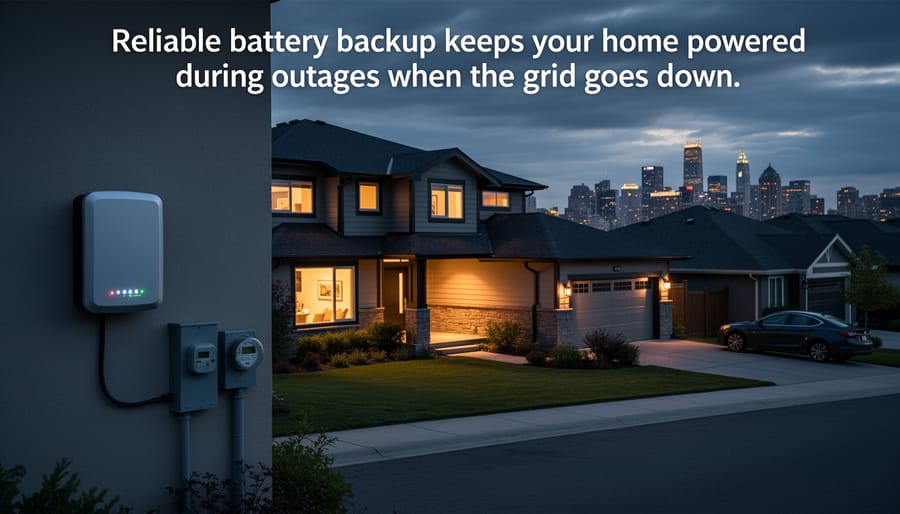 Family in well-lit home during power outage with dark neighborhood visible through window