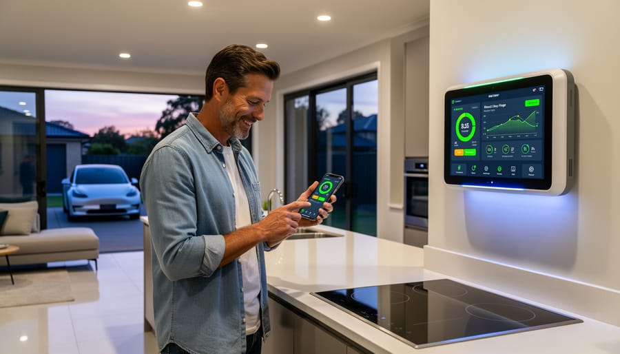 Homeowner using smartphone to monitor home battery storage and solar energy system