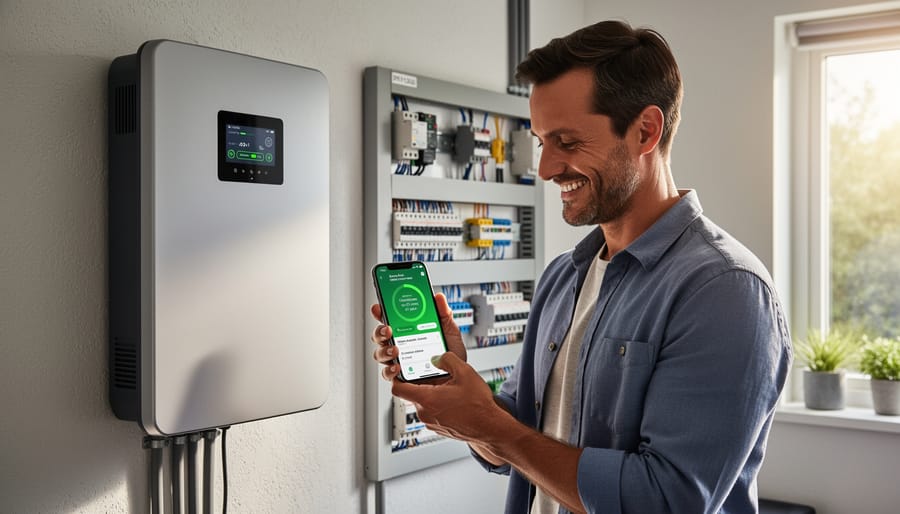 Homeowner checking home battery status display on wall-mounted unit