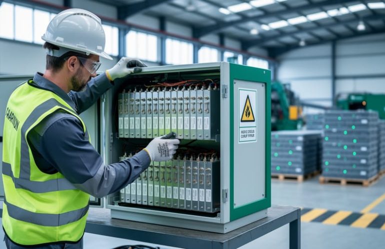 Technician in safety gear removing the cover from an open home lithium-ion battery cabinet at a recycling facility, with rows of prismatic cells visible and industrial equipment softly blurred in the background