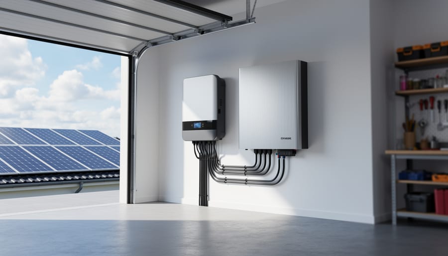 Modern home battery energy storage unit mounted on interior garage wall